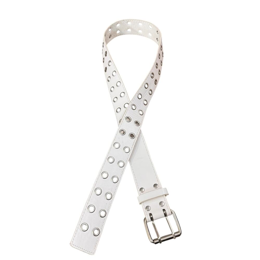 White Leather Grommet Belt M Long Silver Tone Buckle Punk Style Y2k